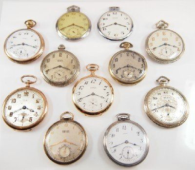 11 Gruen pocket watches: Eleven Gruen Verithin pocket watches, 17 lignes, 17 & 19 j, SW, PS, GF, OF, Silvered and porcelain dials w/Arabic & Roman numerals. Some case wear, some with dial corrosion, one lacks crystal. Not run