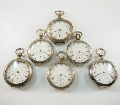 6 AWW Co. "P. S. Bartlett" pocket watches: Six AWW Co. "P. S. Bartlett" pocket watches, 18 size, 11-15 j, KW/SW, KS/LS, "Silver", OF, SSD w/Roman numerals. Serial #'s 536506, 578677, 632276, 729846, 961249 & 3910272. Some case wear, four with 