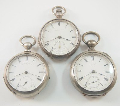 3 AWW Co. "P. S. Bartlett" pocket watches: Three AWW Co. "P. S. Bartlett" pocket watches, 18 size, 11-15 j, KW/SW, KS/LS, Coin Silver, OF, SSD w/Roman numerals. Serial #'s 367890, 881669 & 2828192. Some case wear, one with hairlines in dial. A