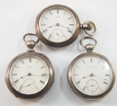 3 AWW Co. "P. S. Bartlett" pocket watches: Three AWW Co. "P. S. Bartlett" pocket watches, 18 size, 11-15 j, KW/SW, KS/LS, Coin Silver, OF, SSD w/Roman numerals. Serial #'s 1007138, 1945194 & 2233117. Some case wear, one with hairlines in dial.
