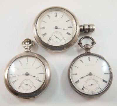 3 AWW Co. "P. S. Bartlett" pocket watches: Three AWW Co. "P. S. Bartlett" pocket watches, 18 size, 15-17 j, KW/SW, KS/LS, Sterling Silver, OF, SSD/DSD w/Roman numerals. Serial #'s 18865414, 1998197 & 8469934. Some case wear, denting, one with 