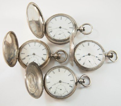 4 AWW Co. "Home Watch Co" pocket watches: Four AWW Co. "Home Watch Co" pocket watches, 18 size, 7 j, KW, KS, Coin Silver, HC, SSD/Flat porcelain dials w/Roman numerals. Serial #'s 3301763, 338383, 580885 & 715969. Some case wear, three with h
