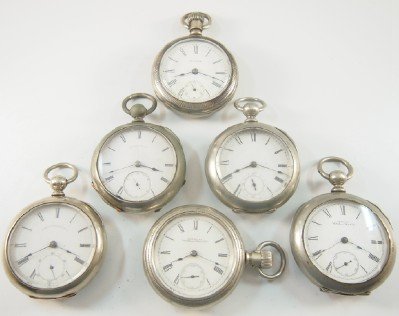 6 AWW Co pocket watches: Six AWW Co pocket watches, various models, 18 size, "Silver" cases, OF. Sold AS-IS. ESTIMATE $200-300