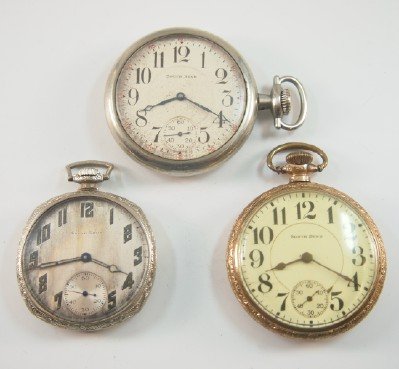 3 Southbend pocket watches: Three Southbend pocket watches, models 211 & 290 (16 size and a model 429 (12 size), 17-19 j, Adjusted (2 DR), SW, LS, one Base Metal, one "Silverode", OF, SSD w/Arabic numerals. Serial #'s 595402 & 7