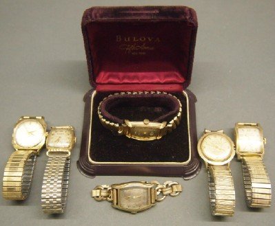 6 Bulova men's wristwatches: Six Vintage Bulova men's gold filled wristwatches with metal bands. AS-IS. ESTIMATE $100-200
