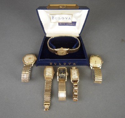 6 Bulova men's wristwatches: Six Vintage Bulova men's gold filled wristwatches with metal bands. AS-IS. ESTIMATE $100-200