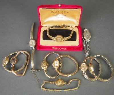 10 Bulova women's wristwatches: Ten Vintage Bulova women's wristwatches with metal bands. AS-IS. ESTIMATE $100-200