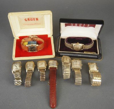 9 Gruen men's wristwatches: Nine Vintage Gruen men's wristwatches with various bands. AS-IS. ESTIMATE $100-200