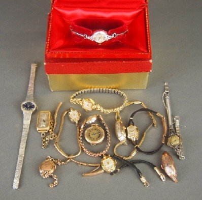 13 Gruen women's wristwatches: Thirteen Vintage Gruen women's wristwatches with various bands, two without bands. AS-IS. ESTIMATE $100-200