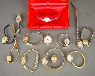 13 Gruen women's wristwatches: Thirteen Vintage Gruen women's wristwatches with various bands, two without bands. AS-IS. ESTIMATE $100-200