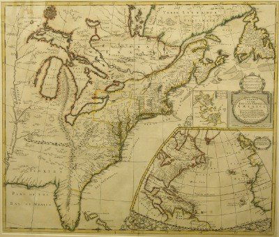 Senex's Map of The English Empire: An early 18th century map of "The English Empire in America...". By John Senex, published 1719. Hand colored engraving on paper. Slight discoloration and fading, center creases, not examined out of fr