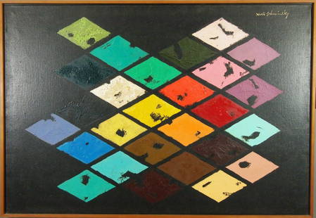 A. Schawinsky Abstract: Alexander "Xanti" Schawinsky, Swiss/American, 1904-1979. Former Bauhaus and Black Mountain College artist. Oil on canvas Abstract with multi color rhombuses on a Black background. Signed "Xanti Schawi