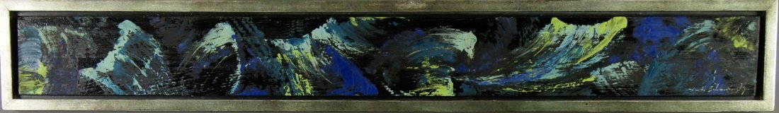 A. Schawinsky  Abstract: Alexander "Xanti" Schawinsky, Swiss/American, 1904-1979. Former Bauhaus and Black Mountain College artist. Oil on board Abstract with multi color forms on a Black background. Signed "Xanti Schawinsky"