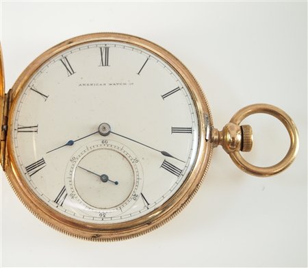 AWW Co "P. S. Bartlett" pocket watch: AWW Co. "P. S. Bartlett" model pocket watch. 10 size, 15j, KW, KS (from back), A W Co. GF, HC, SSD porcelain dial with Roman numerals. Serial #445661. Some wear. Winds, sets and running when cataloged