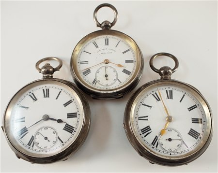 3 Swiss/English pocket watches: Three Swiss/English pocket watches. OF, SSD, Roman numerals, Sterling Silver cases. AS-FOUND. ESTIMATE $100-200
