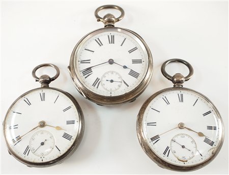 3 Swiss/English pocket watches: Three Swiss/English pocket watches. OF, SSD, Roman numerals, Sterling/Coin Silver cases. AS-FOUND. ESTIMATE $100-200