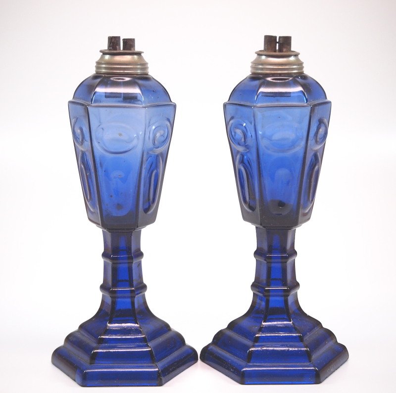 Pressed Circle and Ellipse oil/fluid lamps, pair (1 of 2)