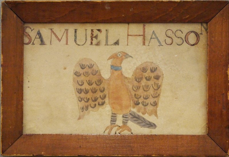 Pennsylvania Folk Art painting: A 19th century Pennsylvania Folk Art painting painting. Depicts an Eagle with the caption "Samuel Hansson". Watercolor on paper. Some discoloration, not examined out of the frame. Image 7 1/2 x 4 1/2"