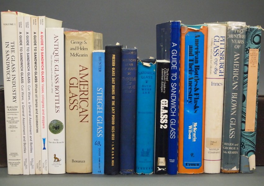 Lot of 17 Antiques reference books: Seventeen Antiques reference books on Glass. Including “SANDWICH GLASS” by Ruth Webb Lee; AMERICAN GLASS CUP PLATES by Ruth Webb Lee and James H. Rose; PRESSED GLASS SALT DISHES OF THE LACY PERIOD