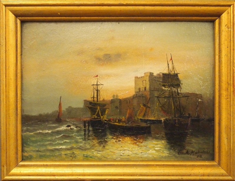 L. Makielski seascape: Leon A. Makielski, American, 1885-1974. Oil on artist board depicting a European seaside setting with moored boats and a fort. Signed and dated "Leo. A. Makielski '02" lower right. Some surface grunge