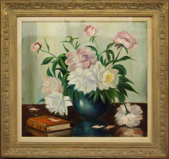 K. Larsen floral still life: Karl Larsen, Danish, 1897-1977. Oil on board floral still life depicting pink and white peonies in a blue vase situated on a table alongside a book. Signed "Karl Larsen" lower right. Condition appears