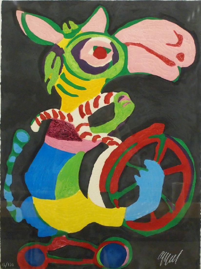 Karel Appel, Circus woodcut: Karel Appel, Dutch, 1921-2006. An untitled color woodcut with embossing from Circus Volume II, 1978, depicting a colorful zebra riding a tricycle. Signed "Appel" lower right and numbered 13/130 lower