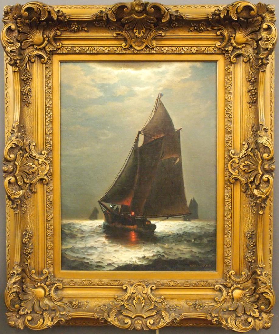 James Tyler, Schooner at Night: James Gale Tyler, American, 1855-1931. Oil on canvas depicting a topsail schooner on a moonlit sea, with two schooners in the distance. Signed "James G. Tyler" lower right. Original canvas is stamped