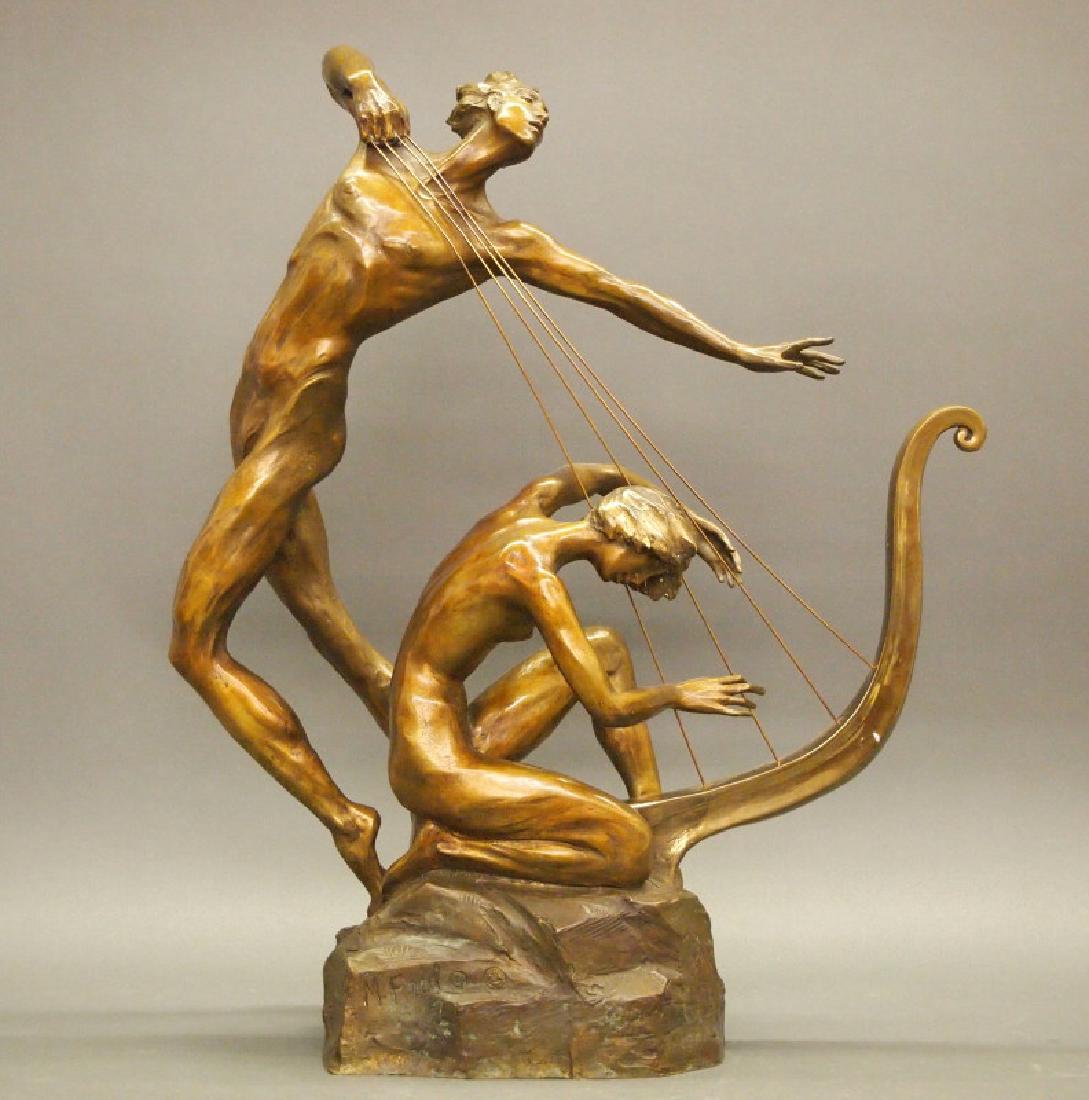 M. Frid Bronze, Harp Player: Misha Frid, Russian, b. 1938. A bronze sculpture entitled "Harp Player", depicting two nude figures in the art deco taste, pulling harp strings, light and medium brown patina. Signed "M. Frid" at the 