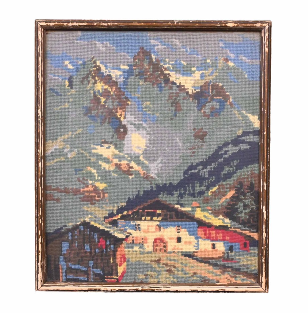 Vintage Framed & Signed Needlepoint – French Alps Landscape – Handcrafted Textile Art (1 of 6)