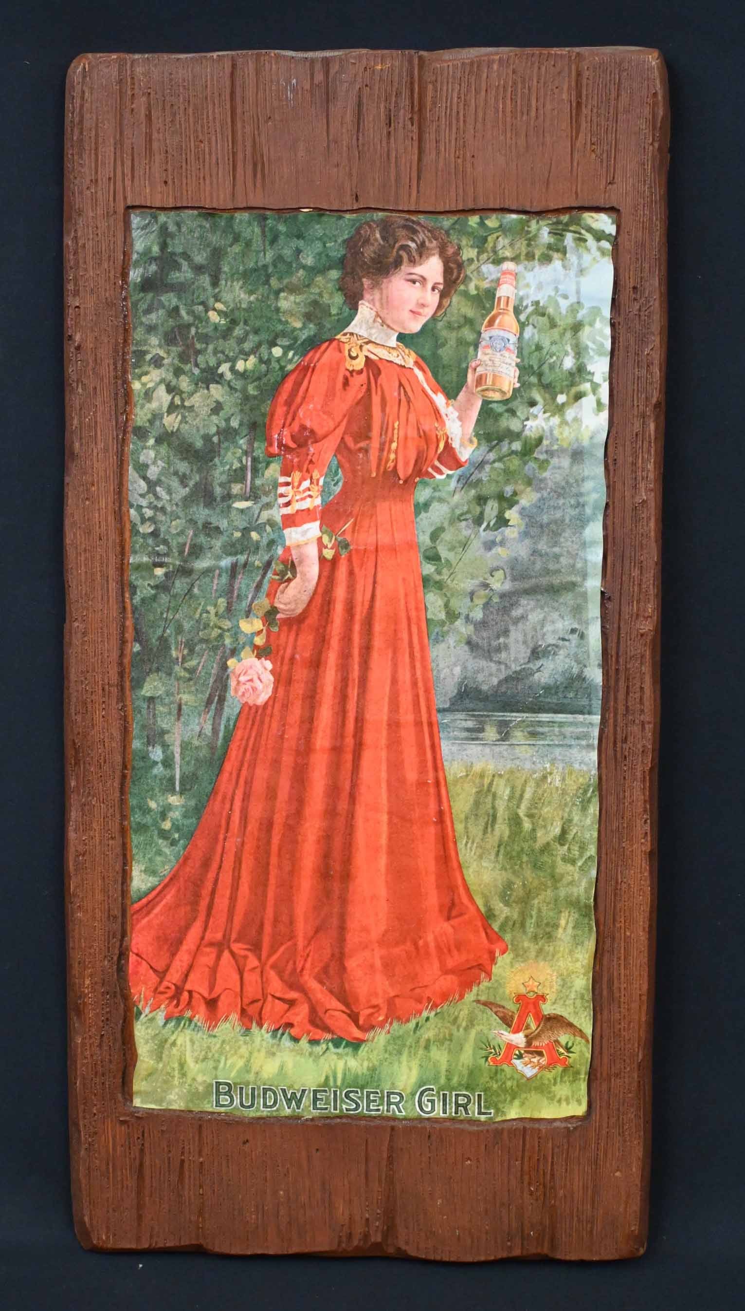 Vintage Anheuser-Busch Budweiser Girl Lithograph on Faux Wood – Union Label, Stamped St. Louis (1 of 5)