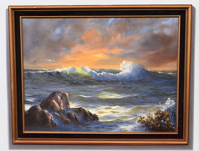 Coastal Seascape Oil Painting – Sunset & Rocks – Signed Clyde Owens ’83 –: Up for auction is a stunning original coastal landscape oil painting, signed by artist Clyde Owens and dated 1983. This atmospheric seascape captures the beauty of a sunset over the ocean, with rugged