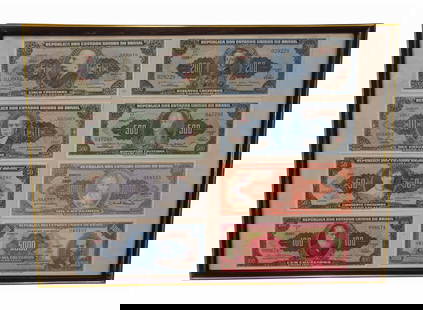 Framed Collection of 8 Brazilian Banknotes – Cruzeiros – Mounted Paper Money Display: Up for auction is a mounted and framed display of 8 vintage Brazilian banknotes, featuring various denominations of the historical Cruzeiro currency. This collectible set showcases beautifully detaile