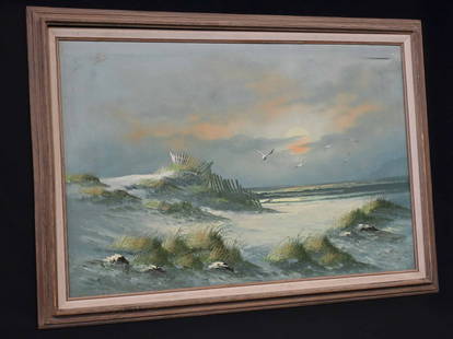 Original Oil Painting – Beach Landscape with Ocean View – Signed by Dict, Framed: Up for auction is a beautiful original oil painting on canvas, featuring a tranquil beach landscape with an expansive ocean view, signed by the artist Dict. This coastal scene is rendered with soft br
