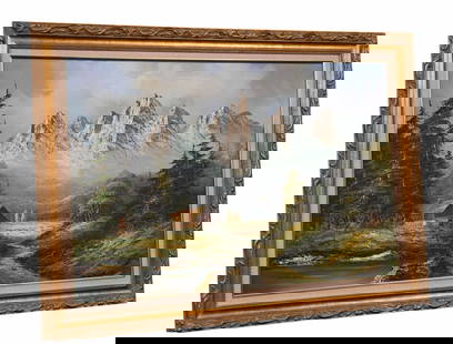 Vintage Framed Oil Painting – Cabin in the Woods with Mountains – Signed by Don Redell: Up for auction is a charming vintage oil painting by artist Don Redell, featuring a rustic cabin nestled in the woods, set against a dramatic mountain backdrop. Rich with natural detail and atmosphere