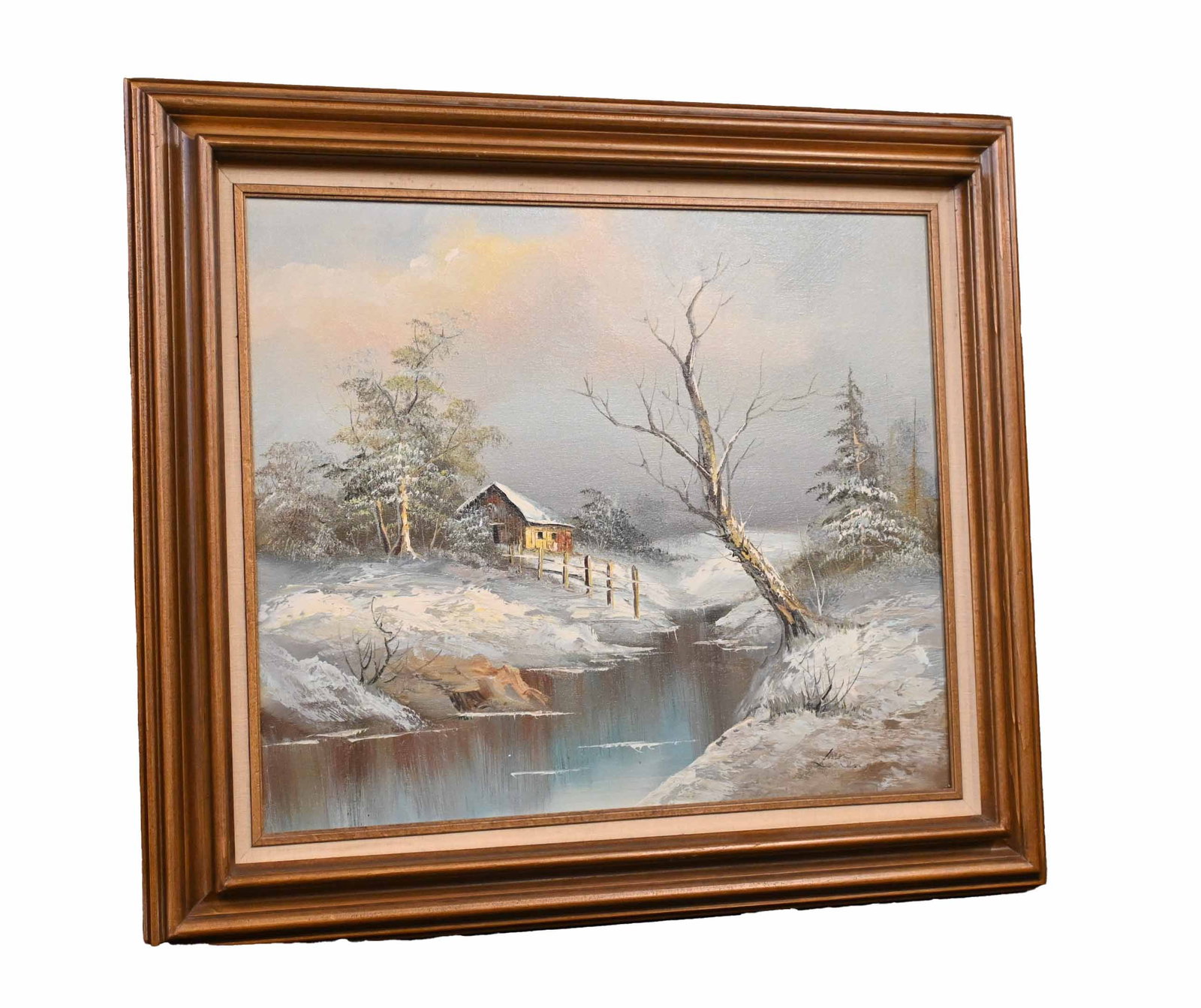 Framed Oil Painting – Winter Lake House in Forest – Signed by Artist (1 of 6)