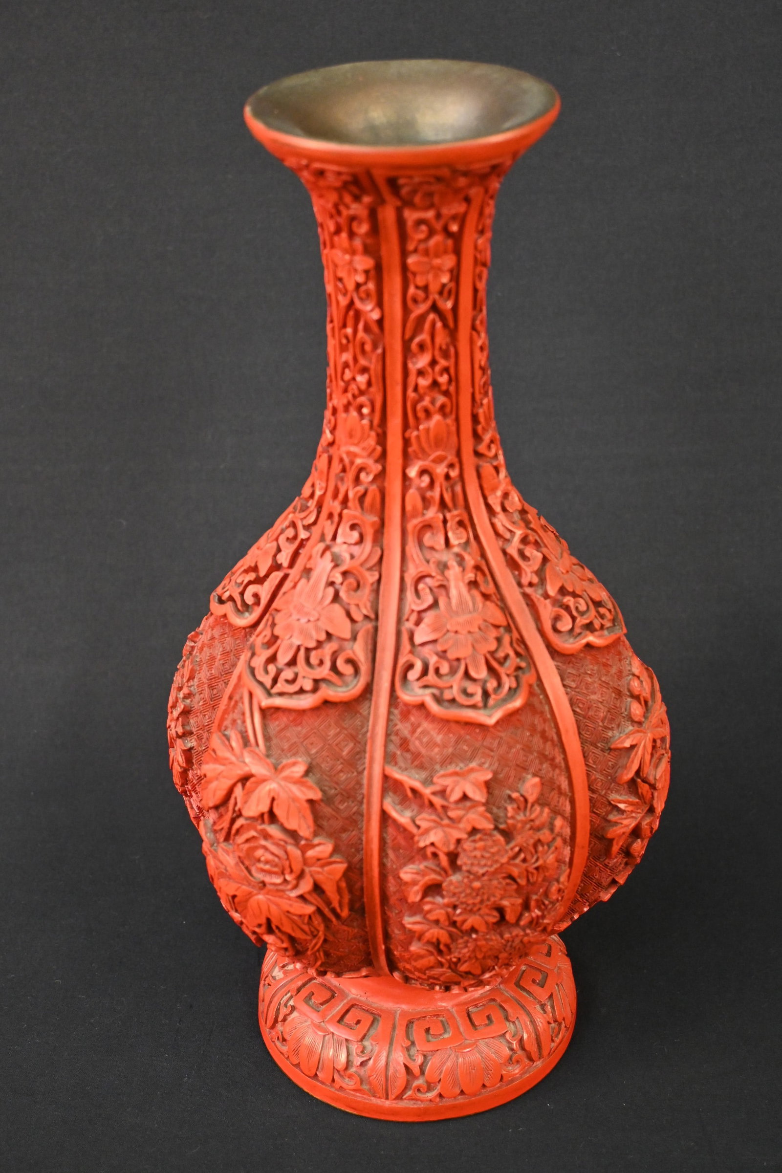 Chinese Red Cinnabar Lacquer Vase with Wood Stand Hand Carved Flowers Blue Enamel Metal Brass Asian (1 of 9)