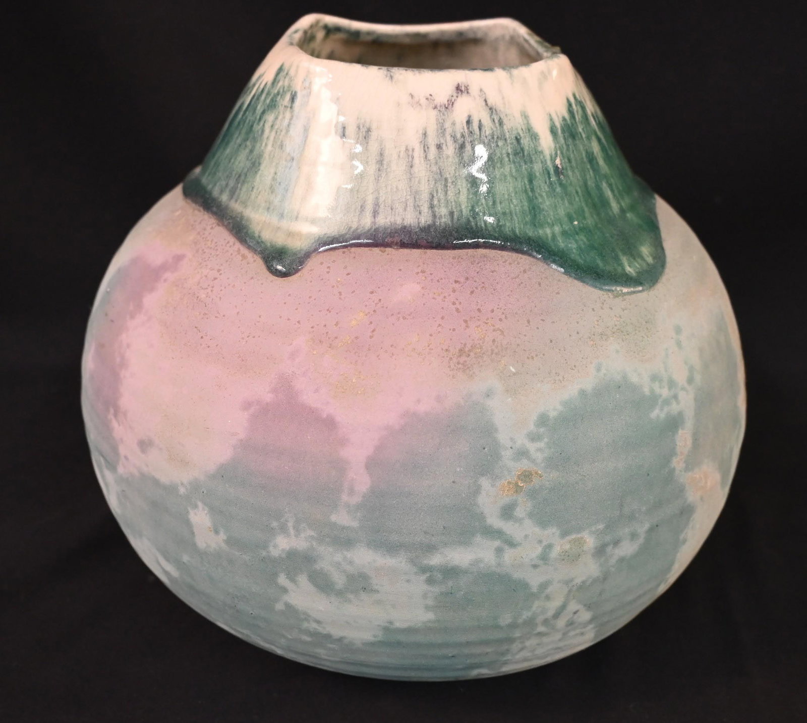 Foss Creek Pottery Vase, Mexico: Artistic vase featuring vibrant shades of pink, marine blue, and green with a glazed top. Crafted in Mexico by Foss Creek Pottery, a studio often associated with artist Tony Evans. Known for its disti