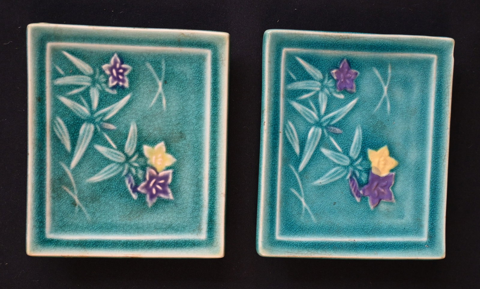 Set of 2 Vintage Japanese Teal Glazed Ceramic Tiles/Trivets - Embossed Floral & Bamboo Design (1 of 3)