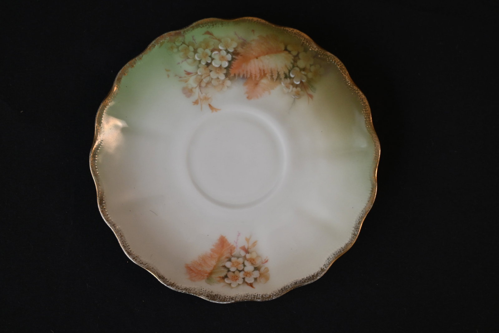 Vintage The Verne Bavaria Scalloped Edge Porcelain Saucer - Hand-Painted White Flowers, Green & Gold (1 of 4)