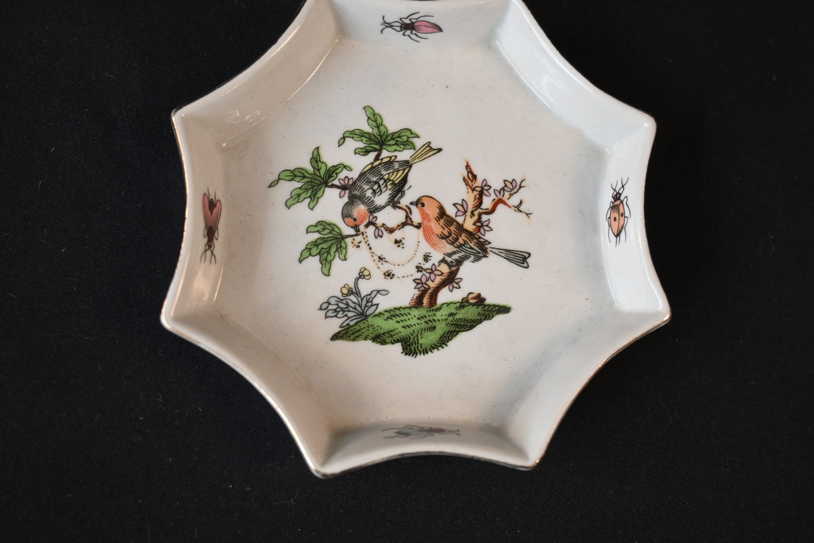Vintage Octagonal Porcelain Trinket Dish with Hand-Painted Birds & Insects - Made in China (1 of 5)