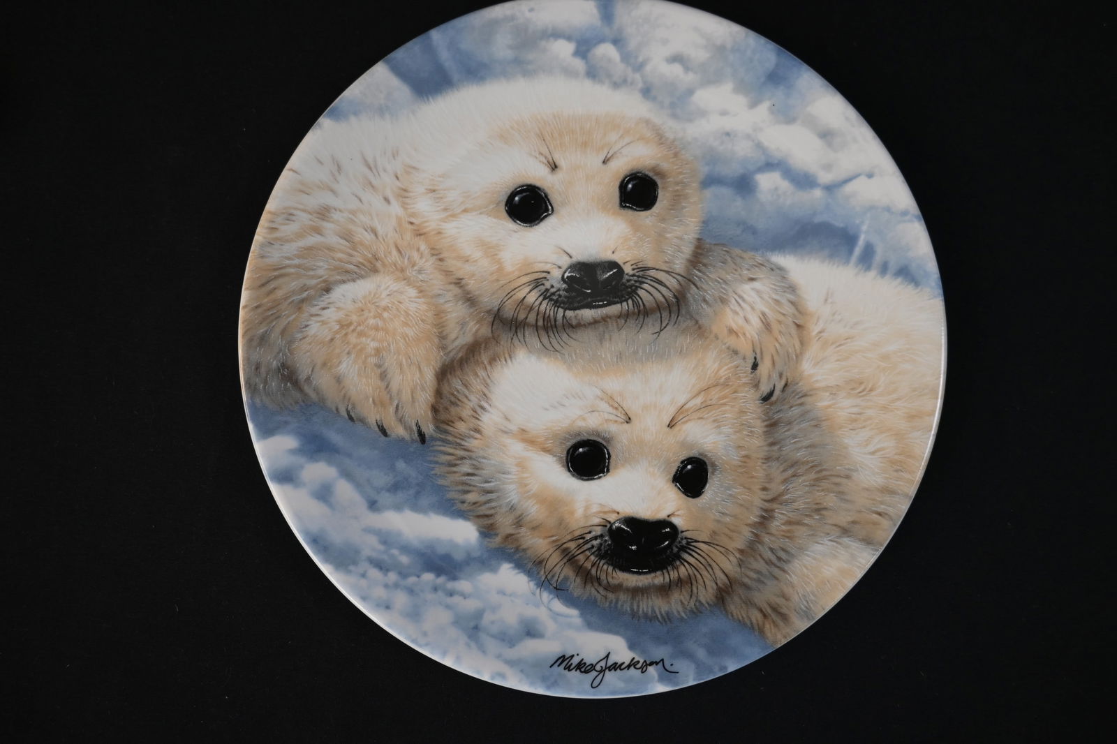 1990 Royal Grafton "Baby Seals" Fine Bone China Collector Plate by Mike Jackson: This is a beautiful, limited-edition fine bone china collector's plate titled "Baby Seals," featuring heartwarming original artwork by the artist Mike Jackson. The plate was issued by The Collector's