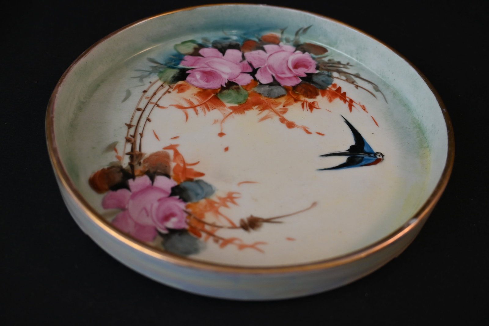 Vintage Hand-Painted Porcelain Dish/Trinket Tray with Bird and Pink Roses Motif (1 of 5)