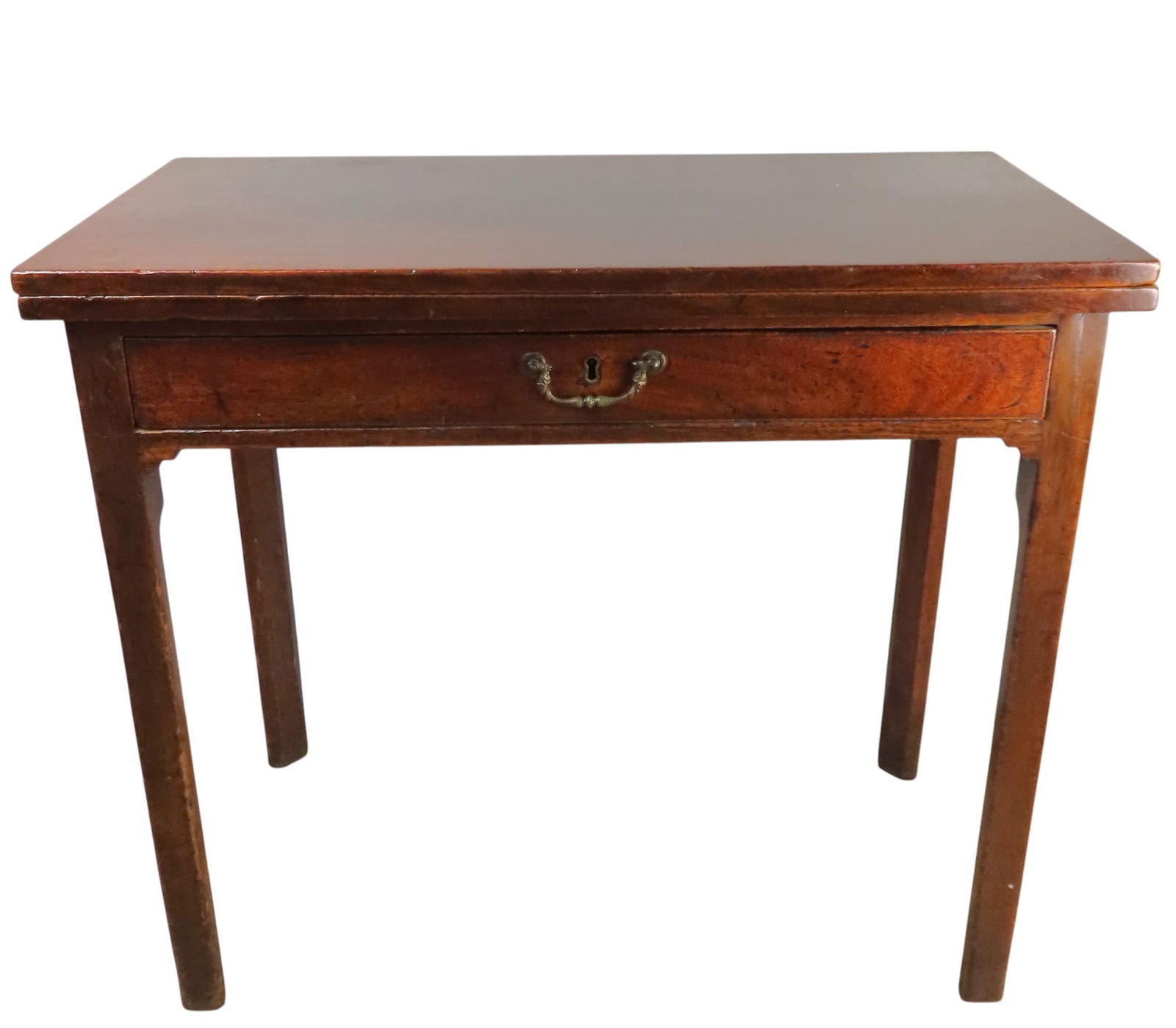 A MAHOGANY TEA TABLE 19TH CENTURY hinged folder over top above a single frieze drawer, raised on: A MAHOGANY TEA TABLE 19TH CENTURY hinged folder over top above a single frieze drawer, raised on square chamfered legs 75 x 85 x 41 cm