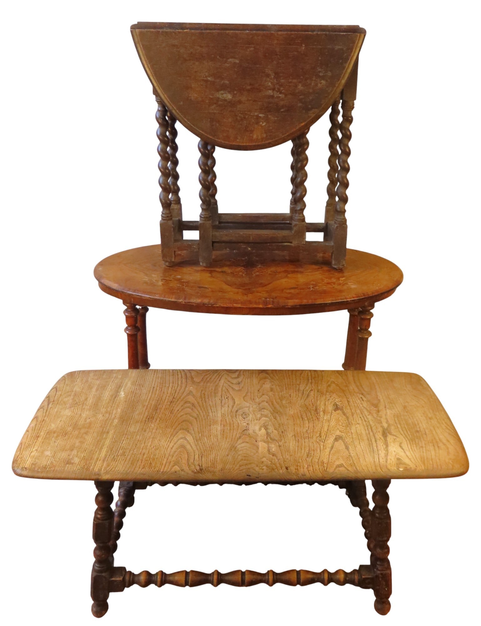 A MID 19TH CENTURY WALNUT MARQUETRY TABLE oval form top raised on turned baluster supports (72: A MID 19TH CENTURY WALNUT MARQUETRY TABLE oval form top raised on turned baluster supports (72 x 91 x 54 cm) together with a small oak gate-leg table, and an Ercol coffee table with bobbin turne