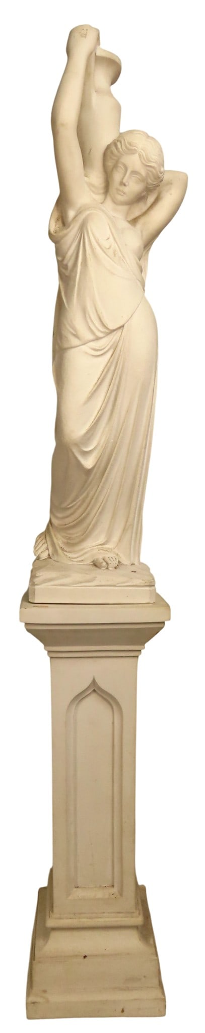 A RECONSTITUTED MARBLE EFFECT CAST FIGURINE OF A ROBED CLASSICAL MAIDEN holding aloft an amphora,: A RECONSTITUTED MARBLE EFFECT CAST FIGURINE OF A ROBED CLASSICAL MAIDEN holding aloft an amphora, raised on a plinth stand 20TH CENTURY 162 cm high Provenance: Contents of The Manor House, Templ