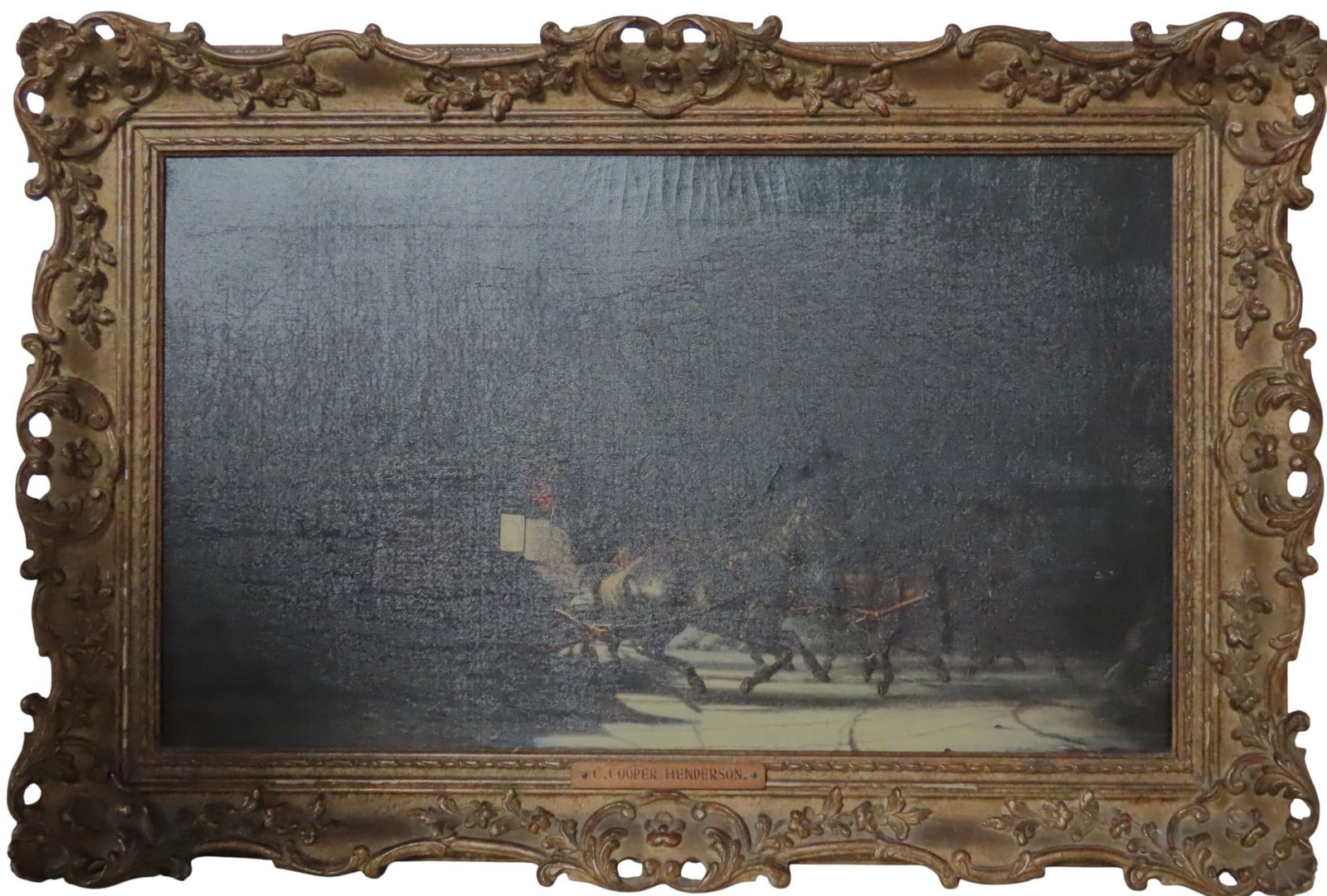 CHARLES COOPER HENDERSON (1803-1877) OIL PAINTING ON CANVAS OF NIGHT TIME STAGECOACH SCENE framed (1 of 2)
