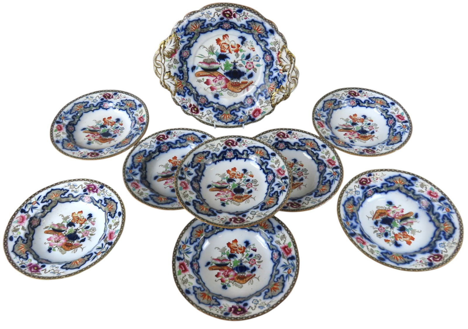 A GROUP OF NINE MINTON IRON STONE PLATES MID 19TH CENTURY Imari and flow blue palette, including a (1 of 2)