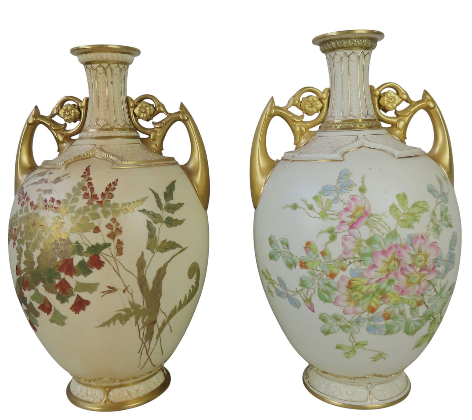 TWO LARGE ROYAL WORCESTER BLUSH IVORY VASES CIRCA 1900 both with floral painted sides and flanked by (1 of 3)
