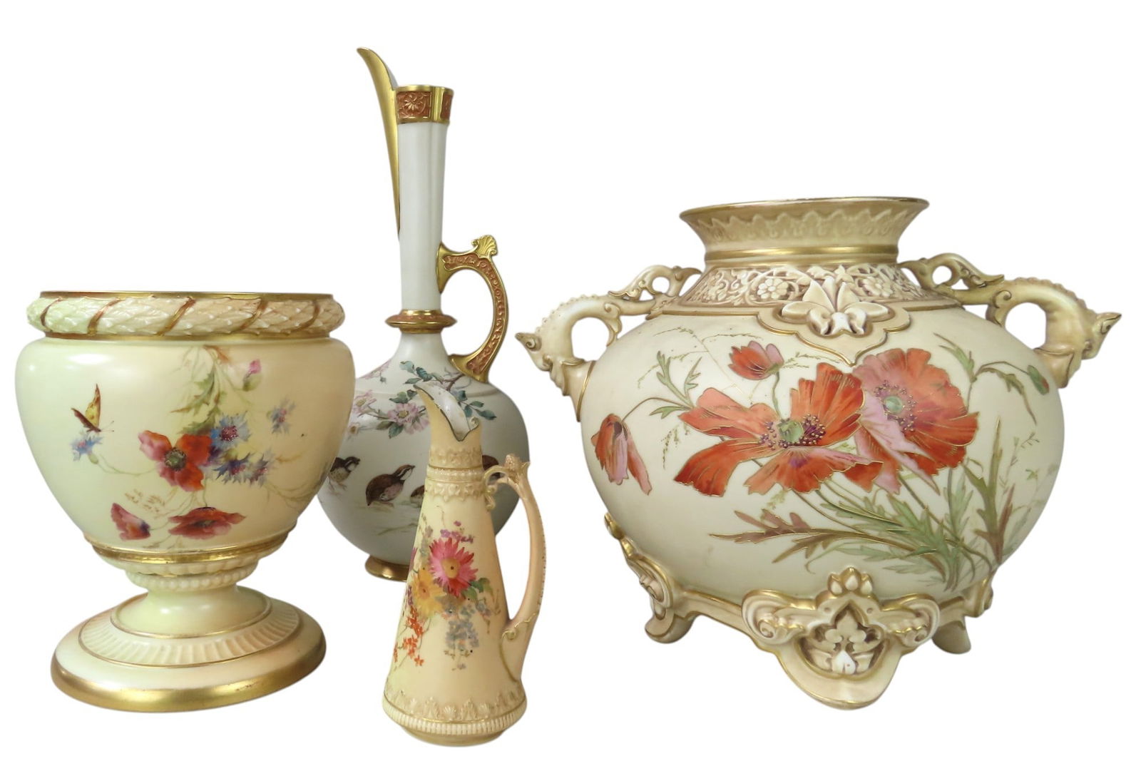 A ROYAL WORCESTER IVORY BLUSH EWER  CIRCA 1900 the sides painted with baby quails (38 cm high) (1 of 3)
