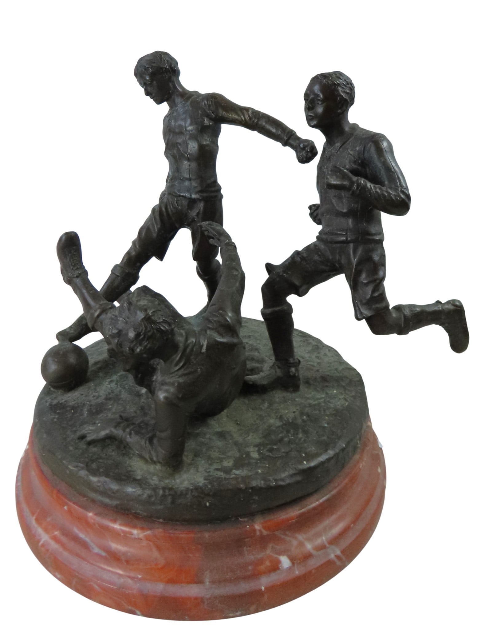 A LATE 19TH CENTURY BRONZE GROUP depicting two attacking footballers, and a defender sliding in to (1 of 2)